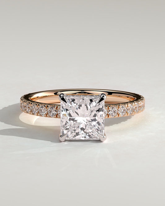 Annie - Princess Claw Solitaire with Hidden Halo and Pave Band Engagement Ring - Rose Two-Tone - rose two-tone - Lara Jewels