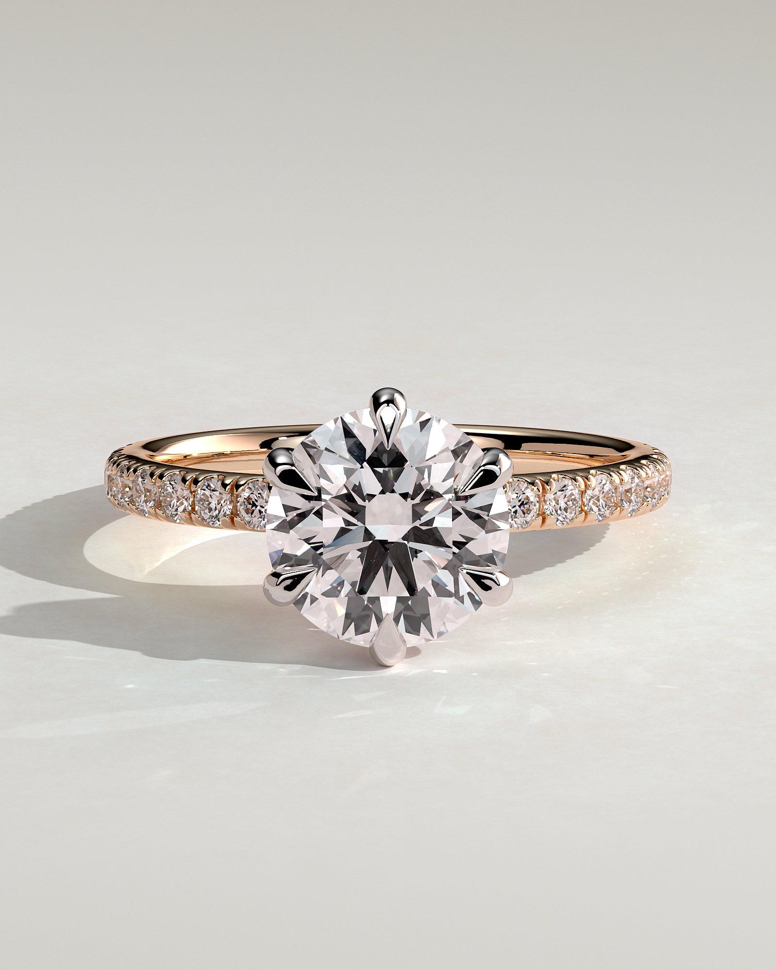 Alexandria - Round Claw Solitaire with Pave Band Engagement Ring - Rose Two-Tone - Rose Two-Tone 2ct