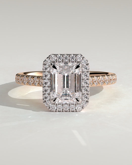 Vanessa - Emerald Claw Solitaire with Halo and Pave Band and Cathedral High Setting Engagement Ring - Rose Two-Tone