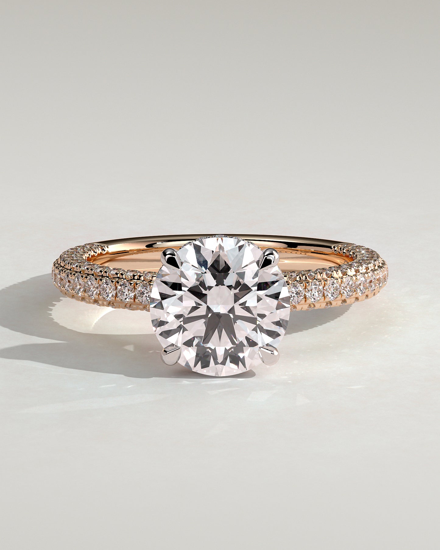 Alex - Round Claw Solitaire with Hidden Halo and Triple Pave Band Engagement Ring - Rose Two-Tone - Rose Two-Tone 2ct