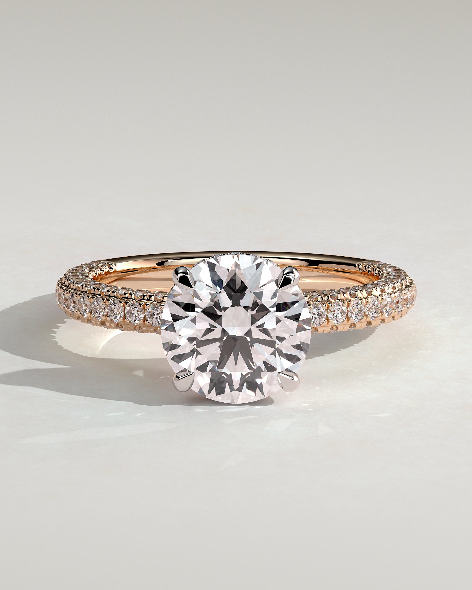 Alex - Round Claw Solitaire with Hidden Halo and Triple Pave Band Engagement Ring - Rose Two-Tone - Rose Two-Tone 2ct