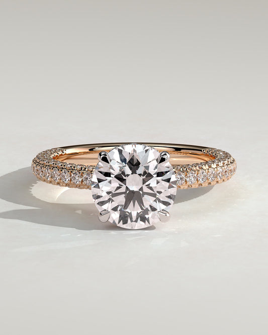 Alex - Round Claw Solitaire with Hidden Halo and Triple Pave Band Engagement Ring - Rose Two-Tone - rose two-tone - Lara Jewels