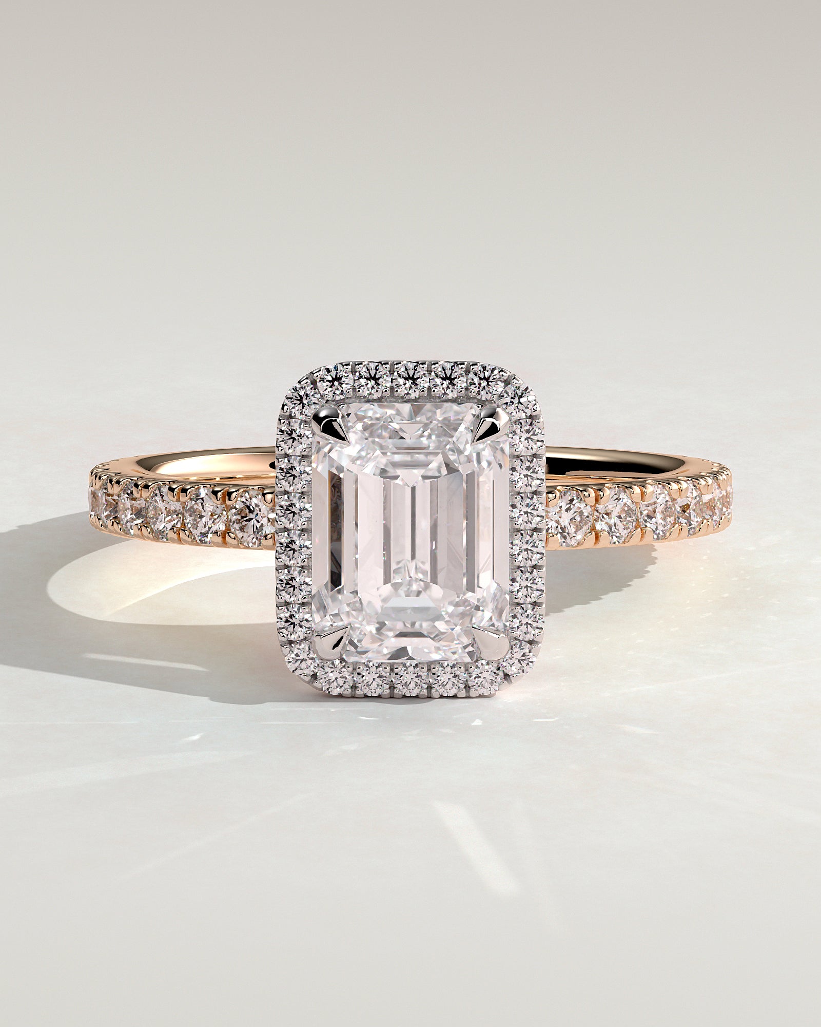 Analyce - Emerald Claw Solitaire with Halo and Pave Band Engagement Ring - Rose Two-Tone - Rose Two-Tone 2ct