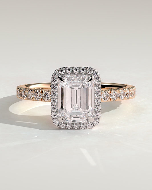 Analyce - Emerald Claw Solitaire with Halo and Pave Band Engagement Ring - Rose Two-Tone