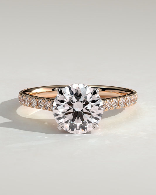 Ashlea - Round Claw Solitaire with Hidden Halo, Pave Band and Cathedral High Setting Engagement Ring - Rose Two-Tone