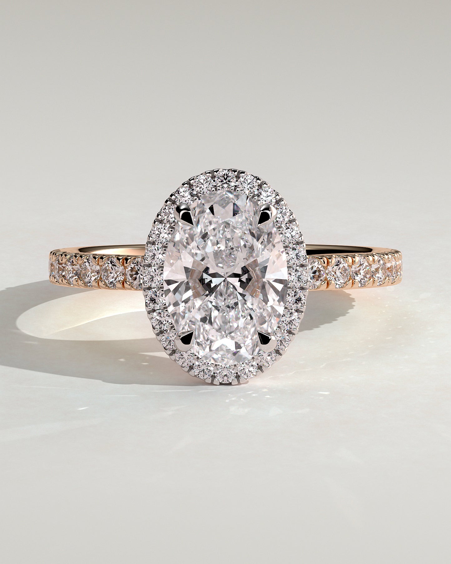 Aurora - Oval Claw Solitaire with Halo and Pave Band Engagement Ring - Rose Two-Tone - Rose Two-Tone 2ct