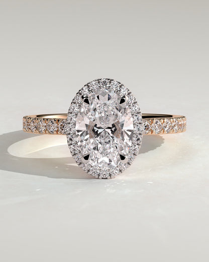 Aurora - Oval Claw Solitaire with Halo and Pave Band Engagement Ring - Rose Two-Tone