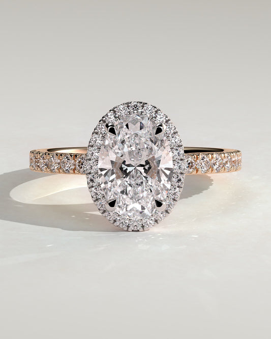 Aurora - Oval Claw Solitaire with Halo and Pave Band Engagement Ring - Rose Two-Tone