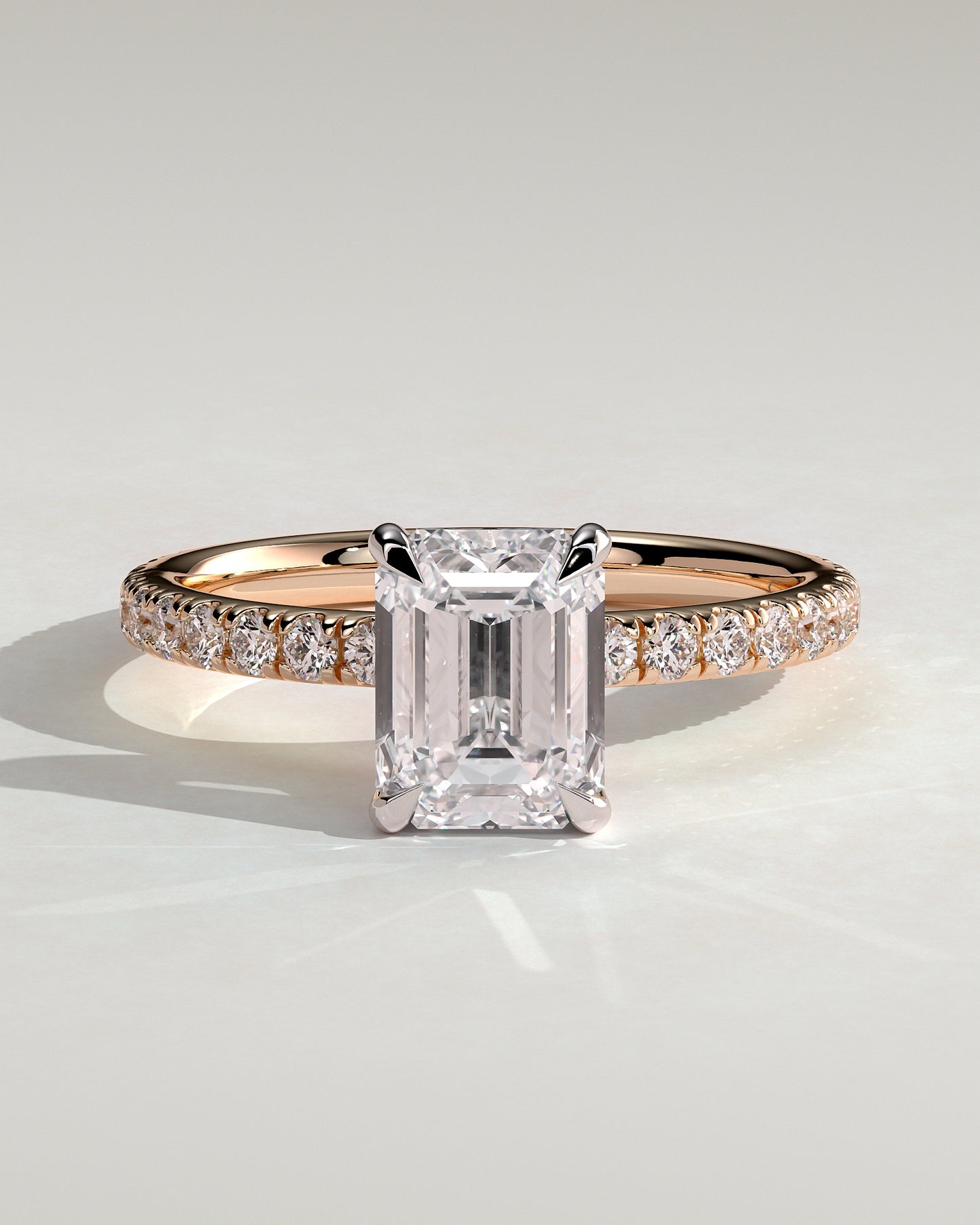 Gwyneth - Emerald Claw Solitaire with Hidden Halo and Pave Band Engagement Ring - Rose Two-Tone - Rose Two-Tone 2ct