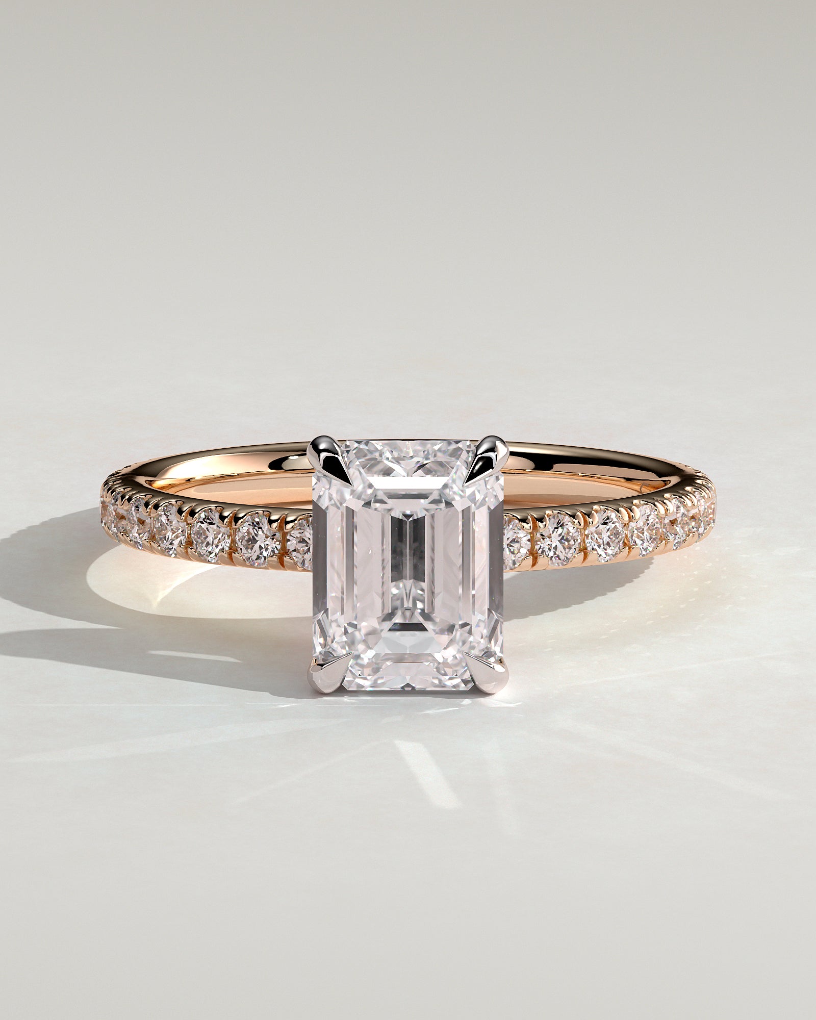 Gwyneth - Emerald Claw Solitaire with Hidden Halo and Pave Band Engagement Ring - Rose Two-Tone - Rose Two-Tone 2ct