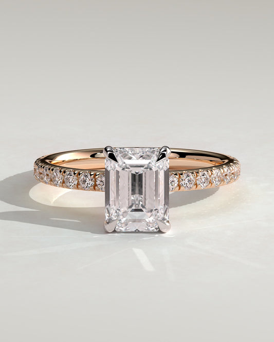 Gwyneth - Emerald Claw Solitaire with Hidden Halo and Pave Band Engagement Ring - Rose Two-Tone