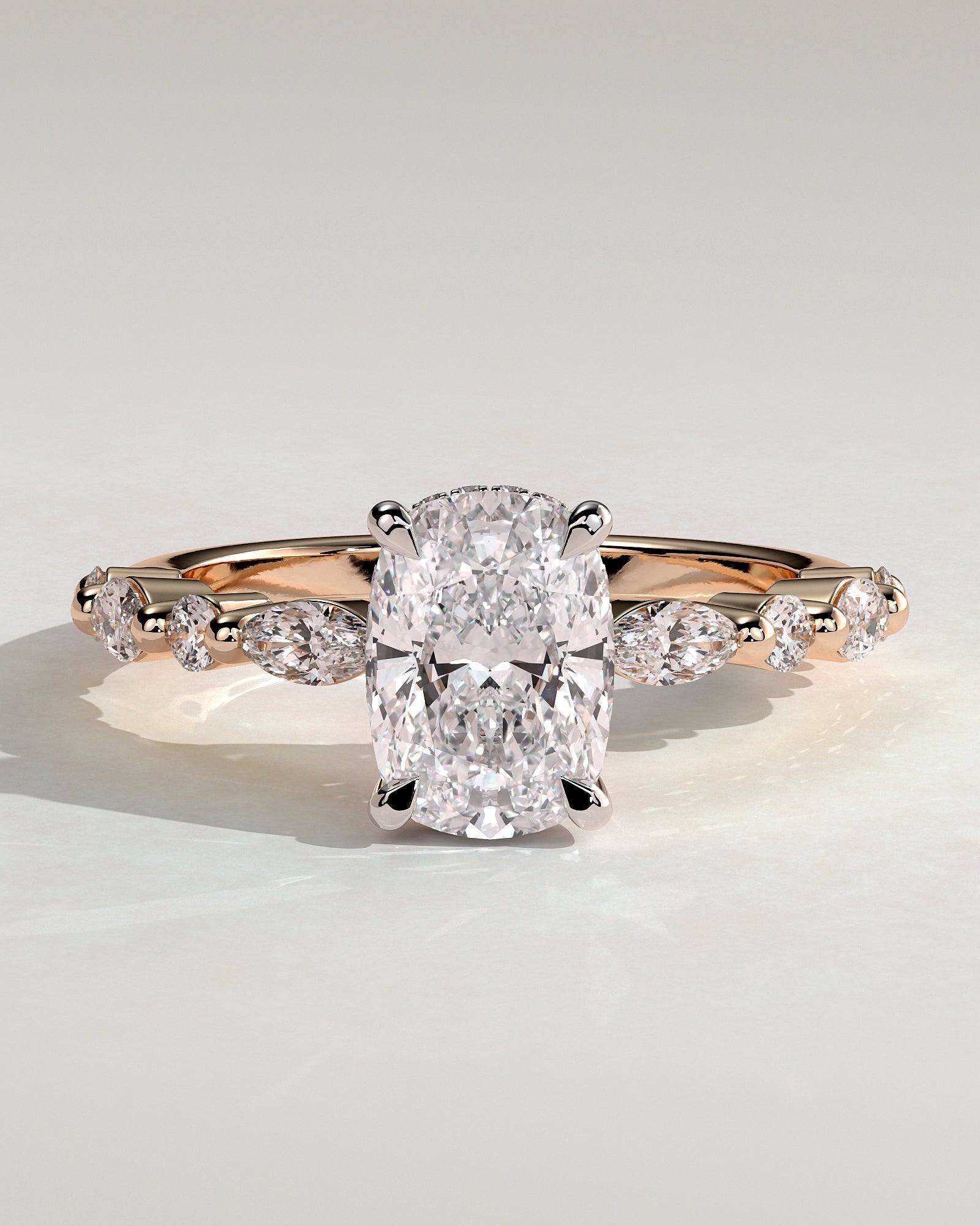 Cali - Elongated Cushion Claw Solitaire with Marquise-Round Accent Stones and Hidden Halo Engagement Ring - Rose Two-Tone - Rose Two-Tone 2ct