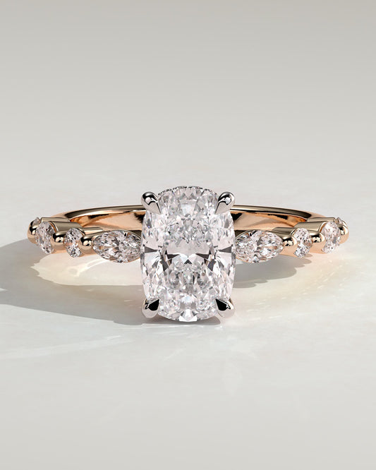 Cali - Elongated Cushion Claw Solitaire with Marquise-Round Accent Stones and Hidden Halo Engagement Ring - Rose Two-Tone