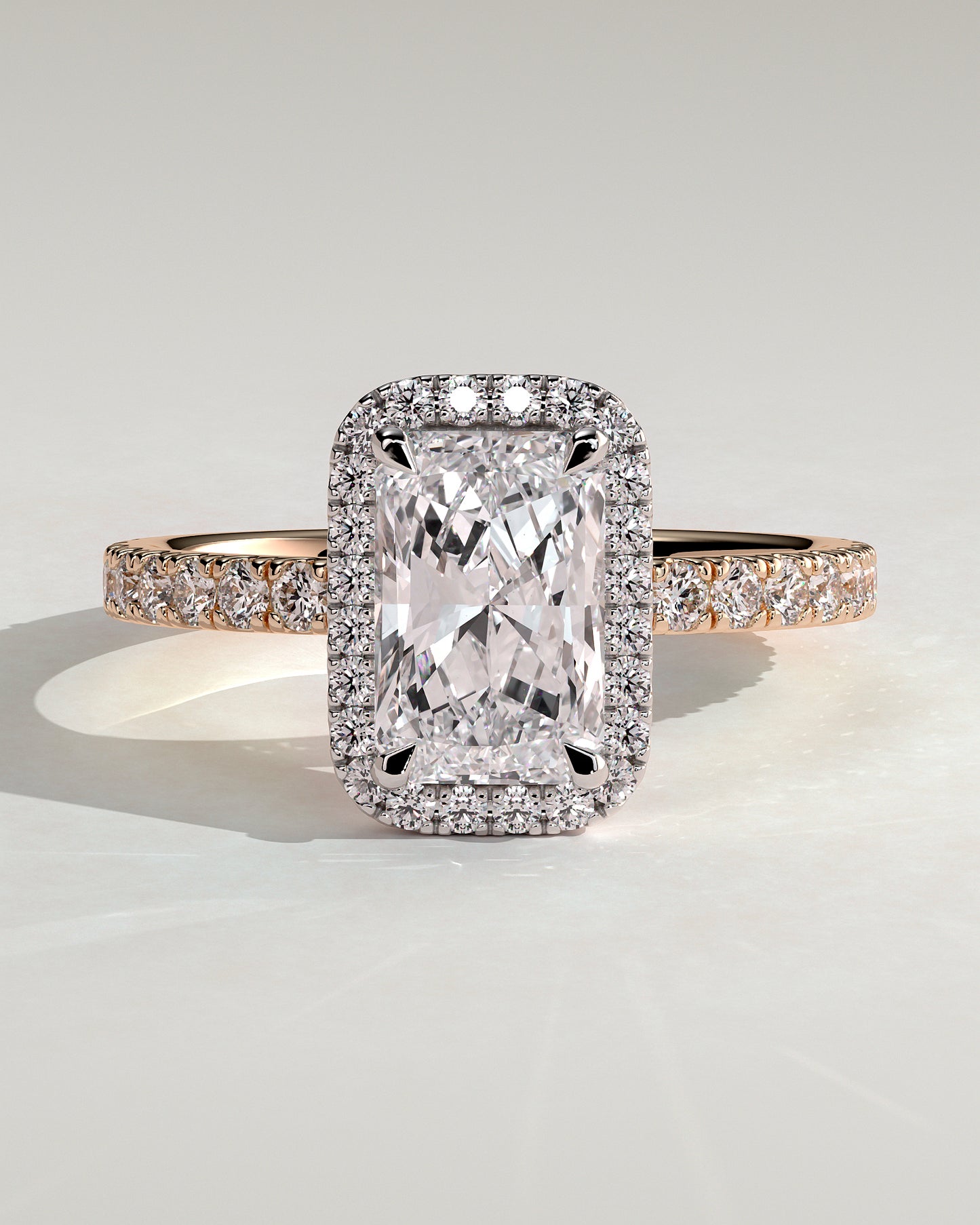 Catherine - Radiant Claw Solitaire with Halo and Pave Band Engagement Ring - Rose Two-Tone - Rose Two-Tone 2ct