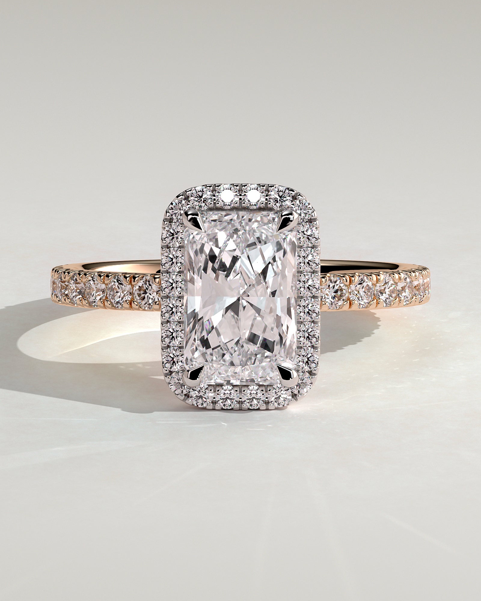 Catherine - Radiant Claw Solitaire with Halo and Pave Band Engagement Ring - Rose Two-Tone - Rose Two-Tone 2ct
