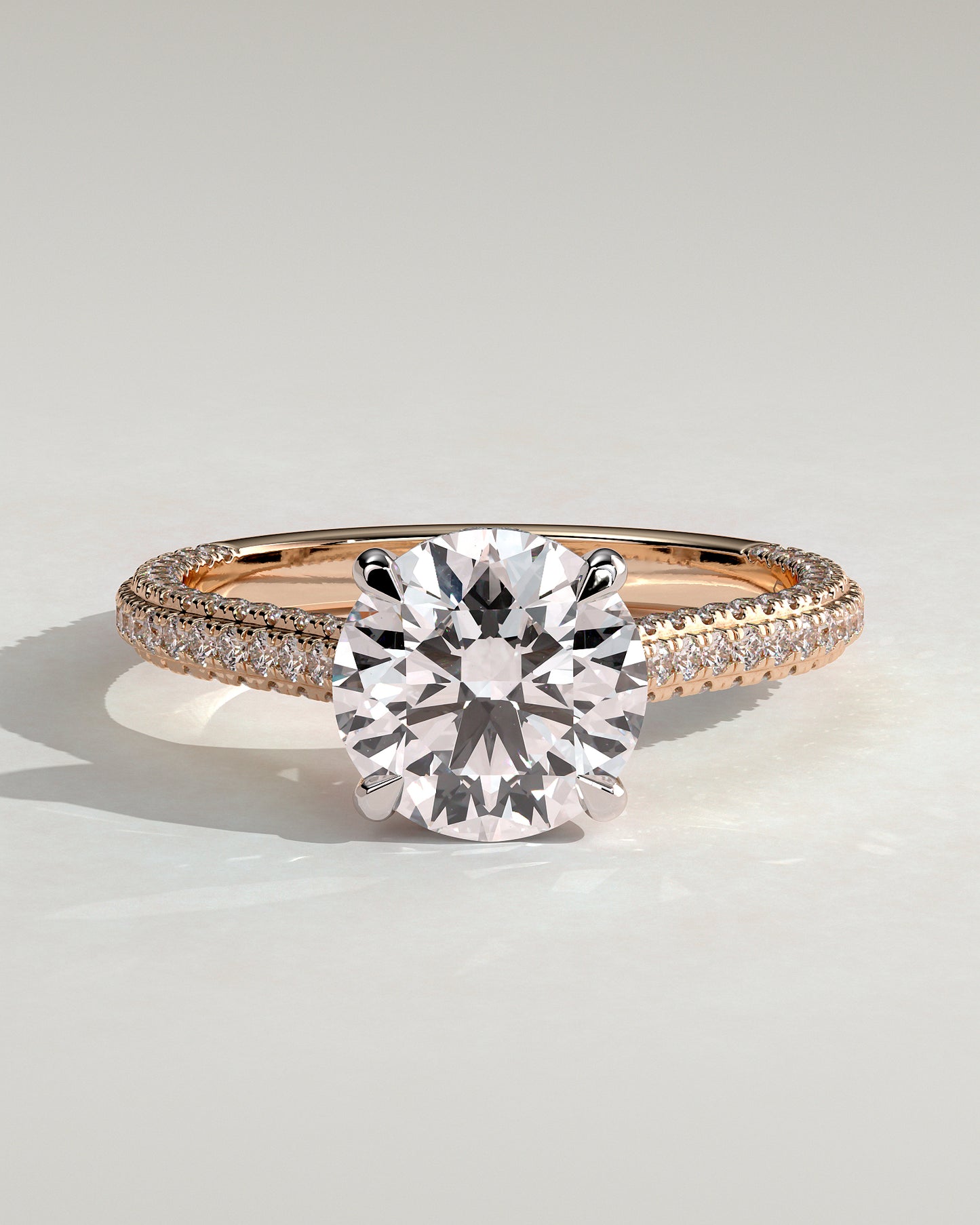 Chelsea - Round Claw Solitaire with Hidden Halo, Triple Pave Band and Cathedral High Setting Engagement Ring - Rose Two-Tone - Rose Two-Tone 2ct