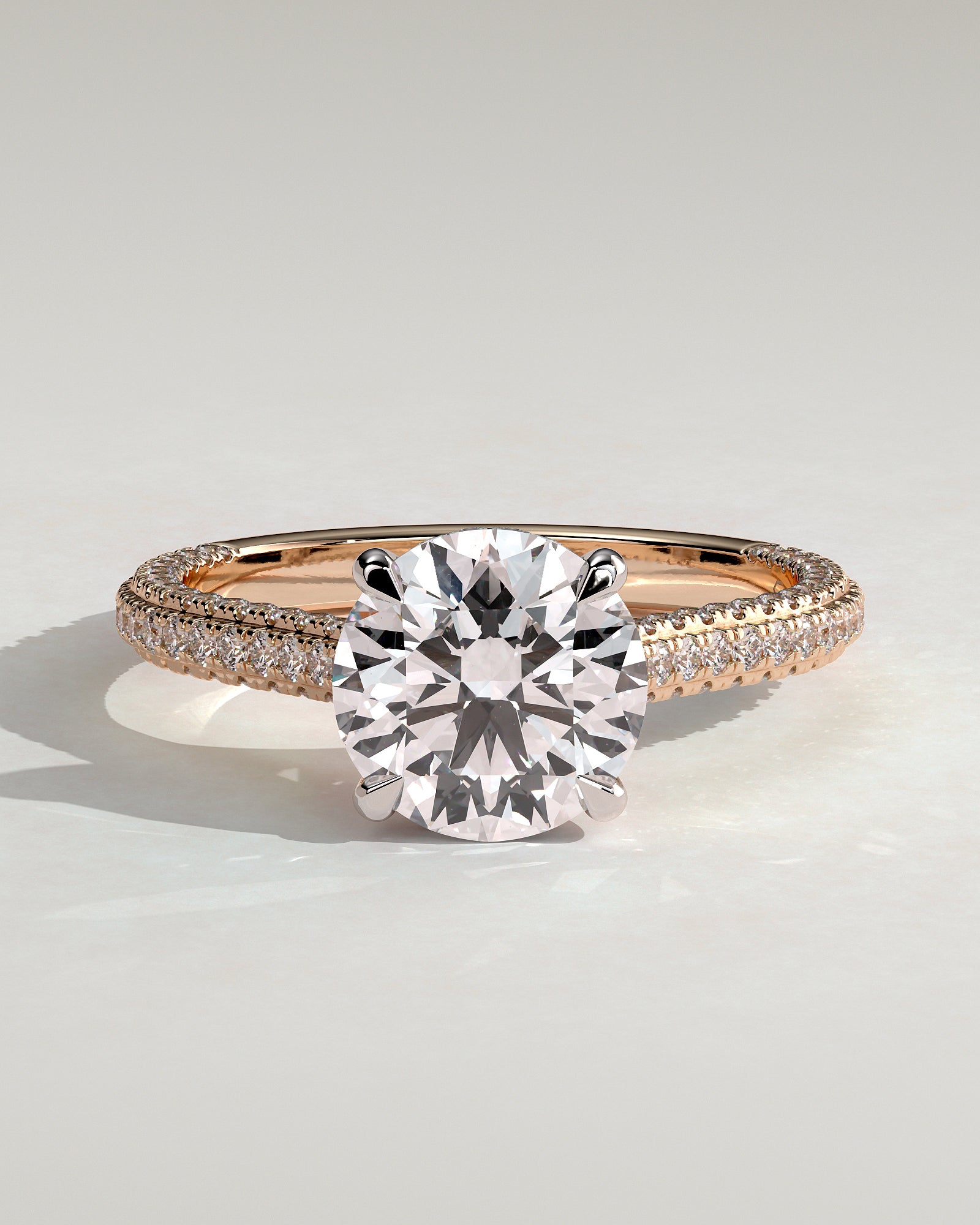 Chelsea - Round Claw Solitaire with Hidden Halo, Triple Pave Band and Cathedral High Setting Engagement Ring - Rose Two-Tone - Rose Two-Tone 2ct