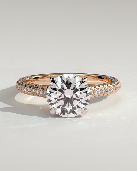 Chelsea - Round Claw Solitaire with Hidden Halo, Triple Pave Band and Cathedral High Setting Engagement Ring - Rose Two-Tone
