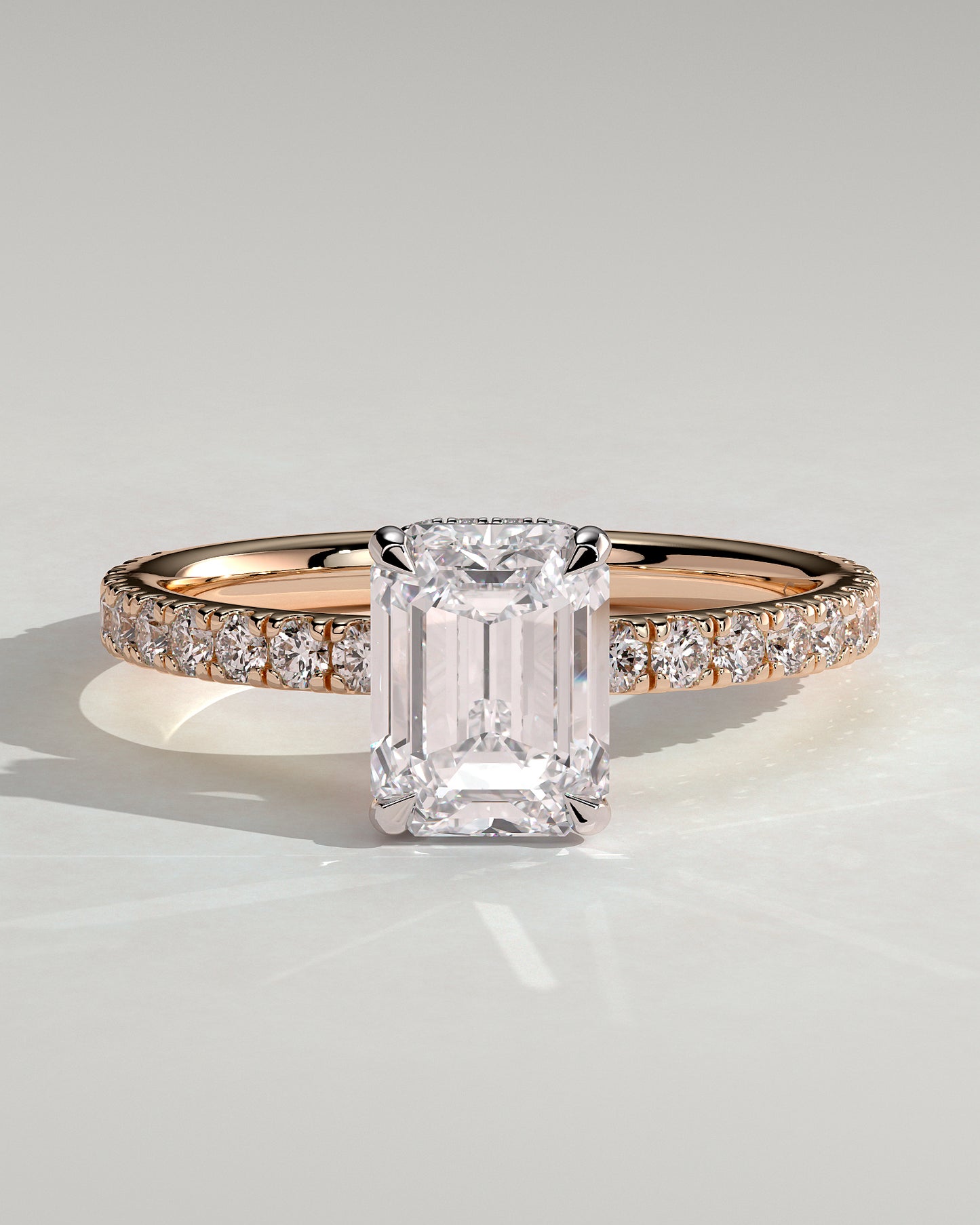 Eliana - Emerald Claw Solitaire with Wrap Around Hidden Halo and Pave Band Engagement Ring - Rose Two-Tone - Rose Two-Tone 2ct