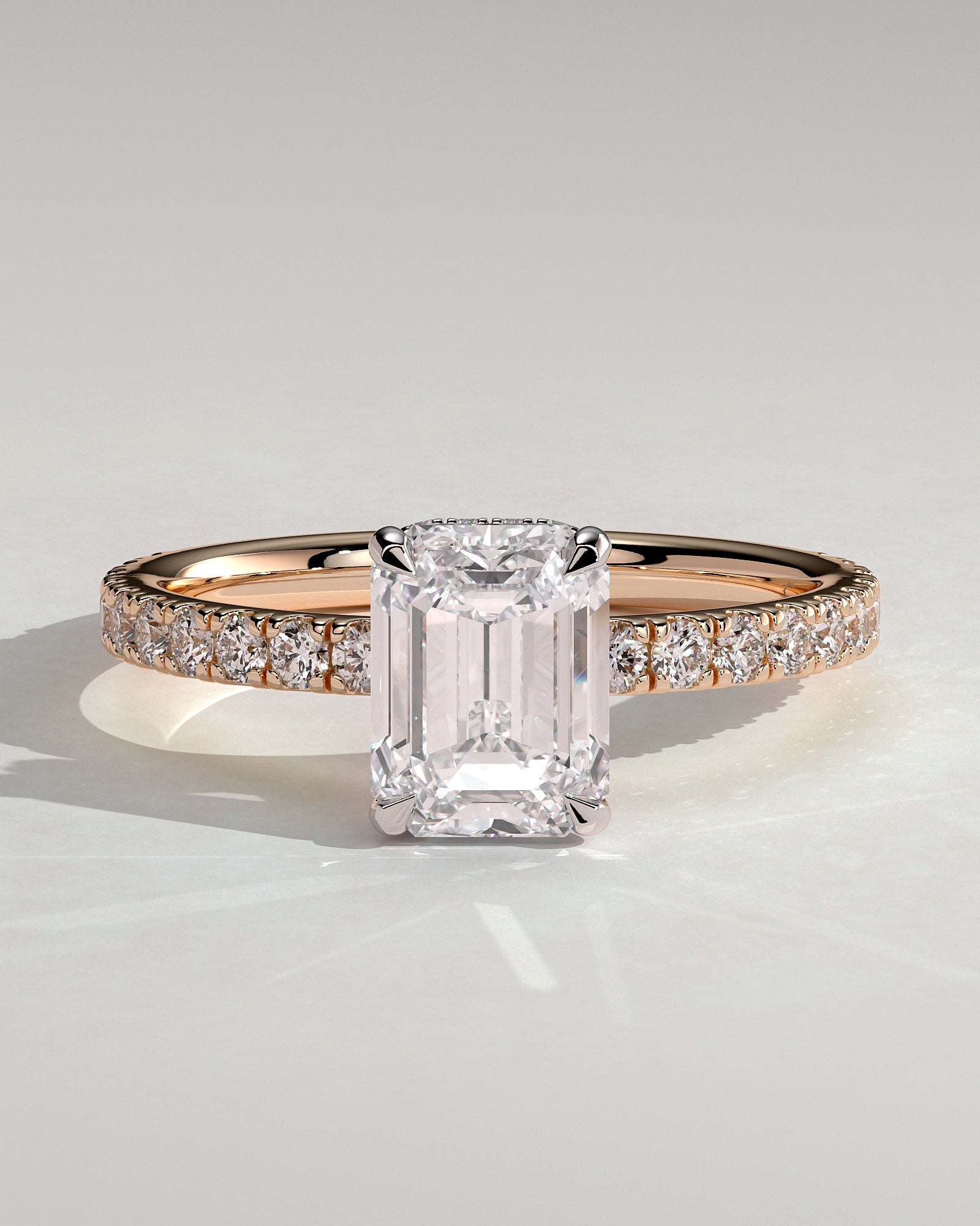 Eliana - Emerald Claw Solitaire with Wrap Around Hidden Halo and Pave Band Engagement Ring - Rose Two-Tone - Rose Two-Tone 2ct