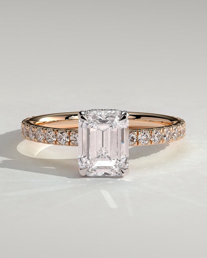 Eliana - Emerald Claw Solitaire with Wrap Around Hidden Halo and Pave Band Engagement Ring - Rose Two-Tone