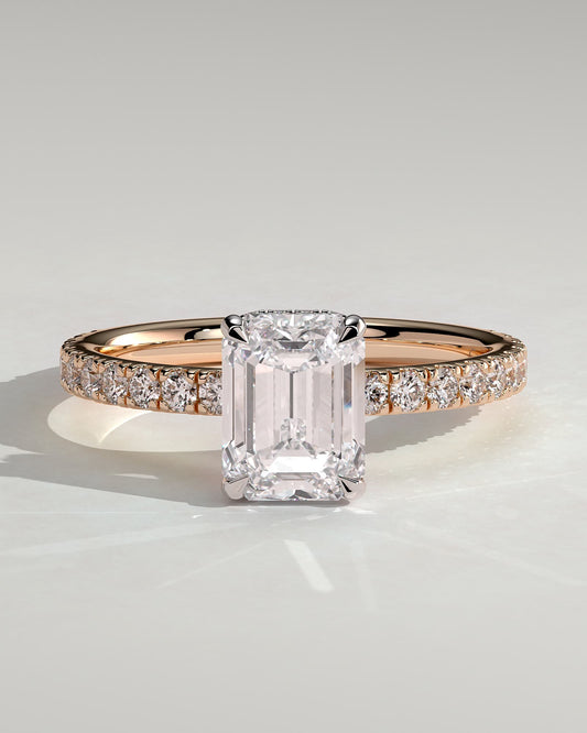 Eliana - Emerald Claw Solitaire with Wrap Around Hidden Halo and Pave Band Engagement Ring - Rose Two-Tone