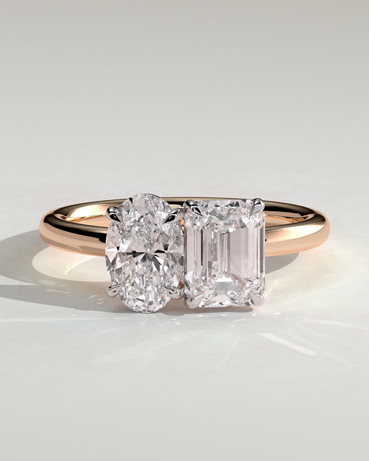 Tanya - Oval and Emerald Claw Toi et Moi Engagement Ring - Rose Two-Tone