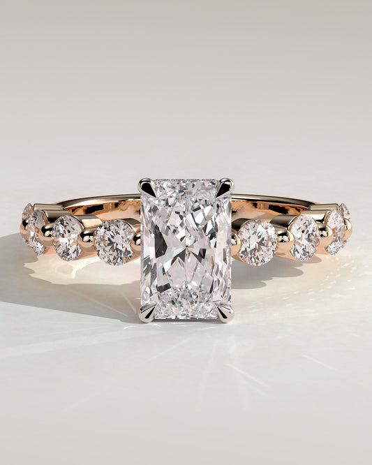Josephine - Radiant Claw Solitaire with Round Accent Stones and Wrap Around Hidden Halo Engagement Ring - Rose Two-Tone