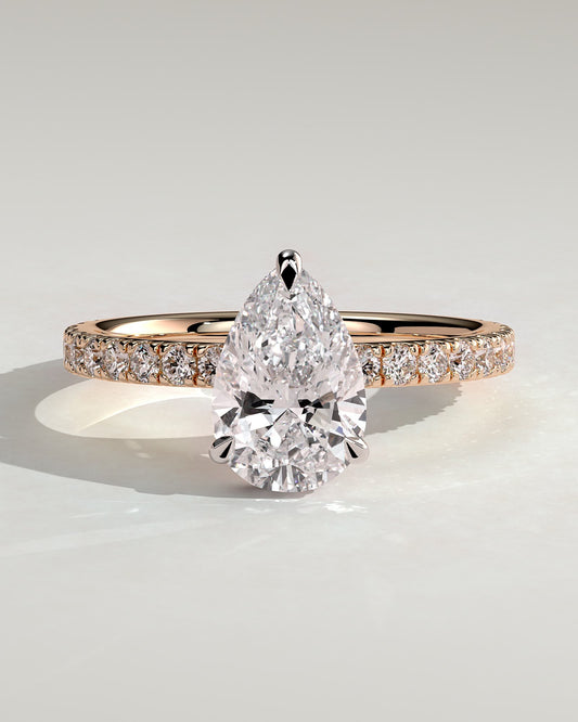 Keira - Pear Claw Solitaire with Wrap Around Hidden Halo and Pave Band Engagement Ring - Rose Two-Tone