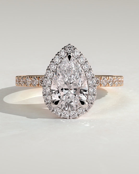 Lauren - Pear Claw Solitaire with Halo and Pave Band Engagement Ring - Rose Two-Tone