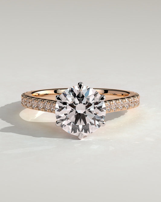 Maisy - Round Claw Solitaire with Pave Band and Cathedral High Setting Engagement Ring - Rose Two-Tone