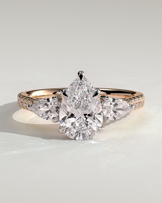 Mia - Pear Claw Trilogy with Pear Side Stones, Pave Band and Cathedral High Setting Engagement Ring - Rose Two-Tone