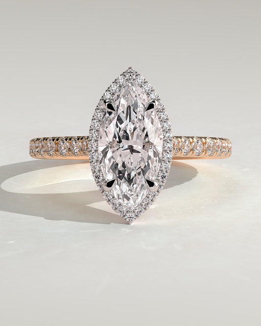 Stefania - Marquise Claw Solitaire with Halo and Pave Band and Cathedral High Setting Engagement Ring - Rose Two-Tone