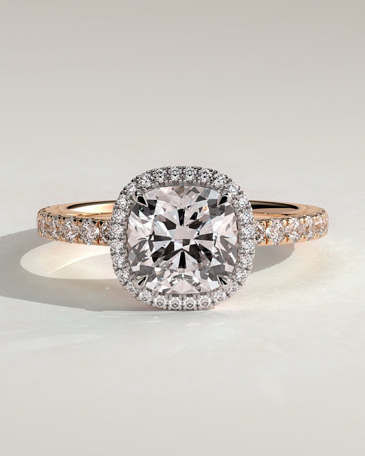 Suzana - Cushion Claw Solitaire with Halo and Pave Band Engagement Ring - Rose Two-Tone