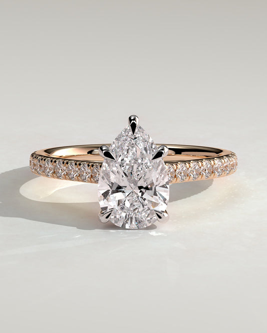 Katrina - Pear Claw Solitaire with Hidden Halo, Pave Band and Cathedral High Setting Engagement Ring - Rose Two-Tone