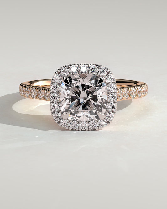 Nicole - Cushion Claw Solitaire with Halo and Pave Band and Cathedral High Setting Engagement Ring - Rose Two-Tone