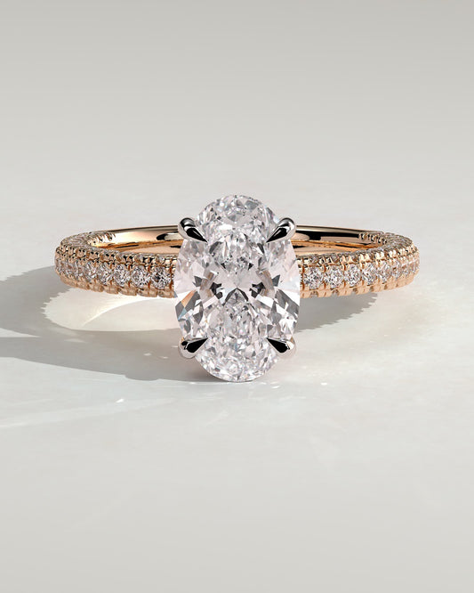 Penelope - Oval Claw Solitaire with Hidden Halo and Triple Pave Band Engagement Ring - Rose Two-Tone