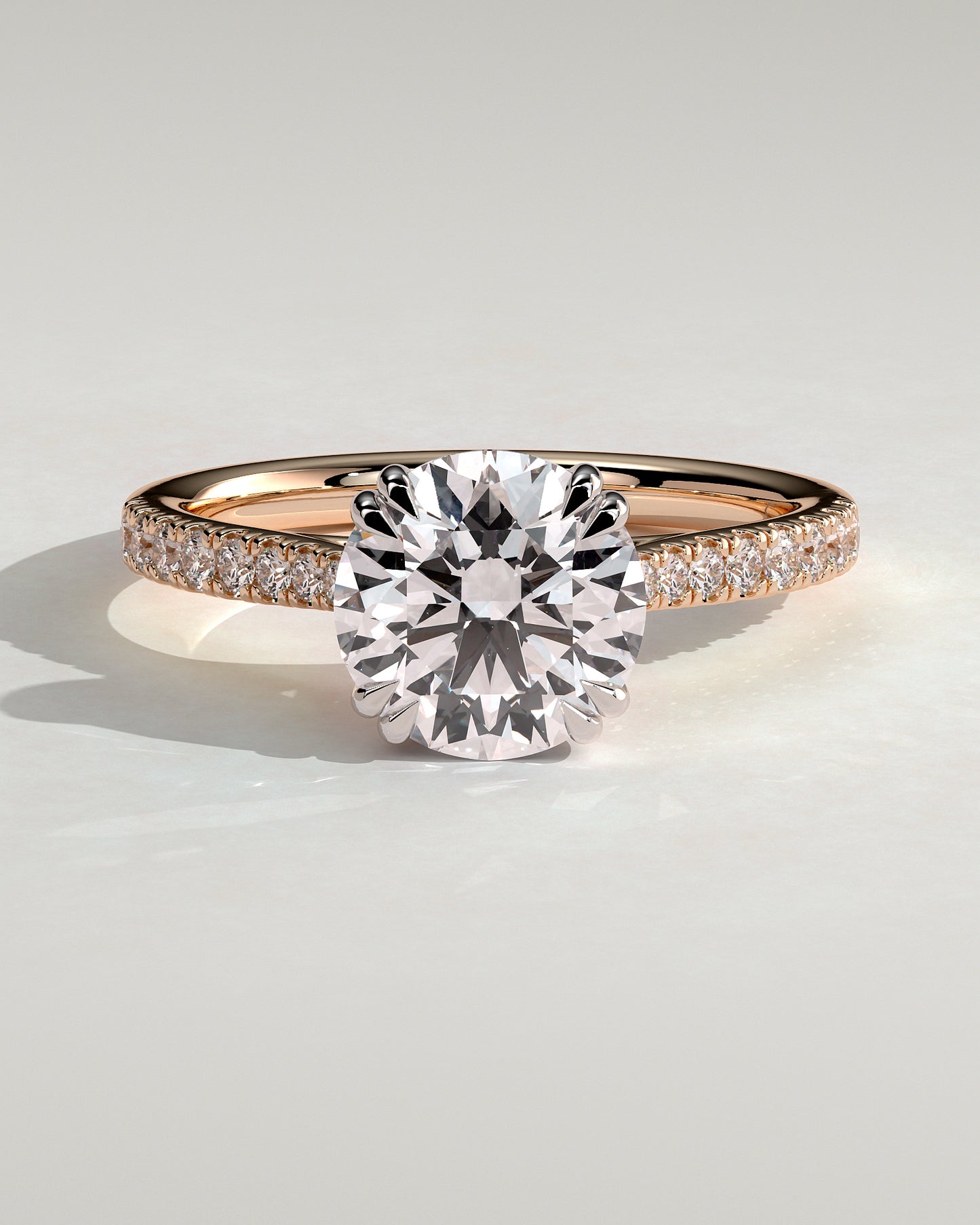 Amelia - Round Double Claw Solitaire with Hidden Halo, Tapered Pave Band and Cathedral High Setting Engagement Ring - Rose Two-Tone - Rose Two-Tone 2ct