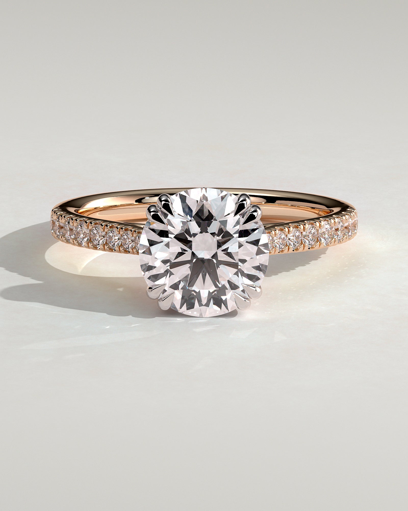 Amelia - Round Double Claw Solitaire with Hidden Halo, Tapered Pave Band and Cathedral High Setting Engagement Ring - Rose Two-Tone - Rose Two-Tone 2ct