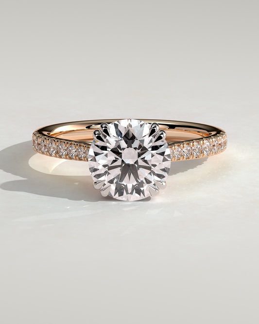 Amelia - Round Double Claw Solitaire with Hidden Halo, Tapered Pave Band and Cathedral High Setting Engagement Ring - Rose Two-Tone - rose two-tone - Lara Jewels