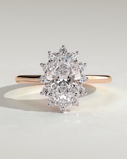 Arielle - Oval Claw Solitaire with Sunburst Halo and Cathedral High Setting Engagement Ring - Rose Two-Tone - rose two-tone - Lara Jewels