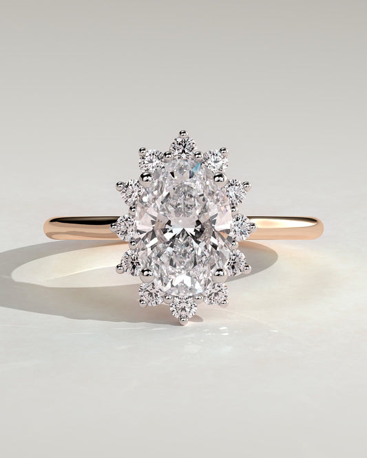 Arielle - Oval Claw Solitaire with Sunburst Halo and Cathedral High Setting Engagement Ring - Rose Two-Tone - rose two-tone - Lara Jewels
