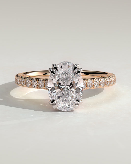 Sasha - Oval Double Claw Solitaire with Hidden Halo, Pave Band and Cathedral High Setting Engagement Ring - Rose Two-Tone