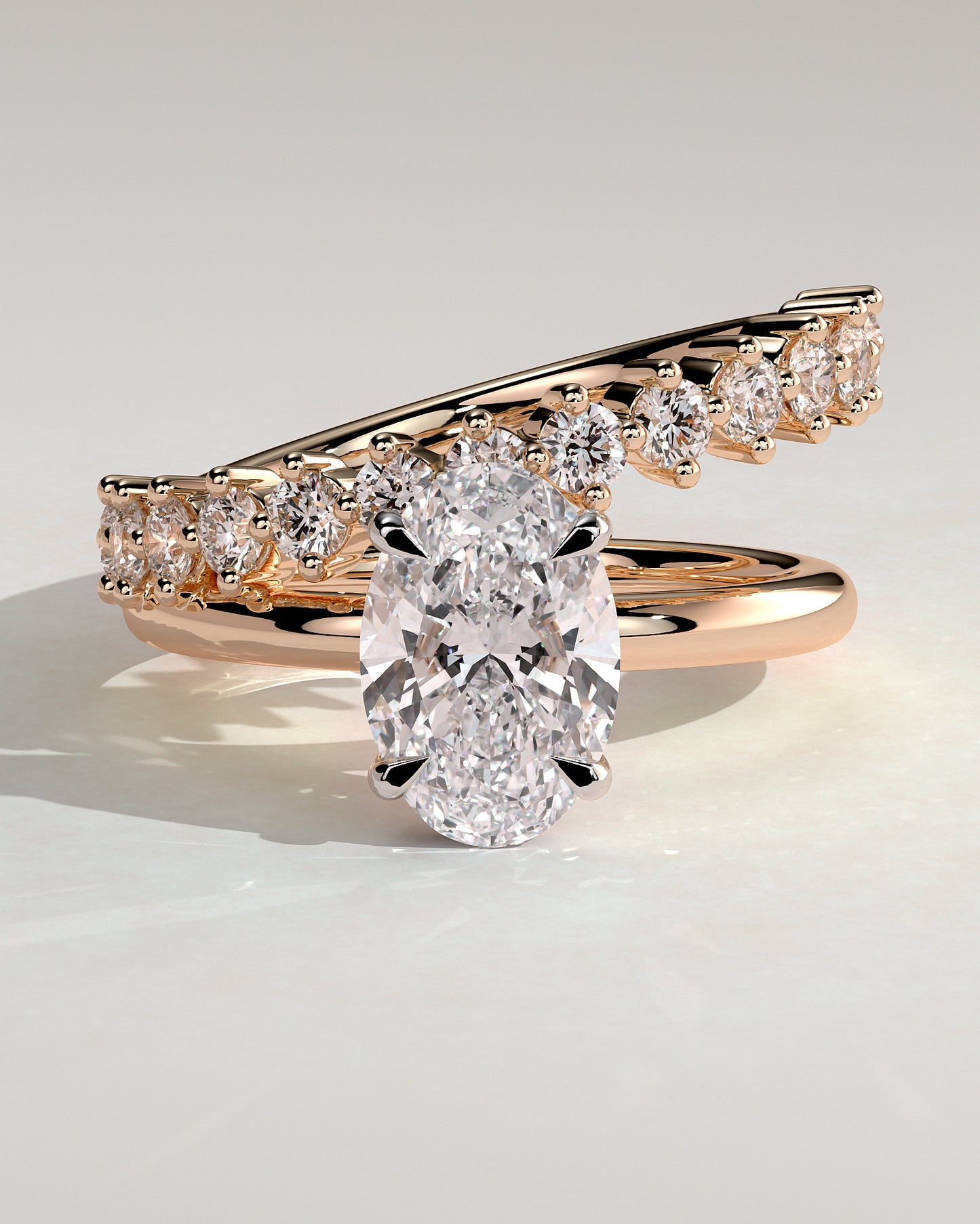 Athena - Oval Claw Solitaire with Double Plain-and-Round-Accent Stones Band Engagement Ring - Rose Two-Tone - Rose Two-Tone 2ct