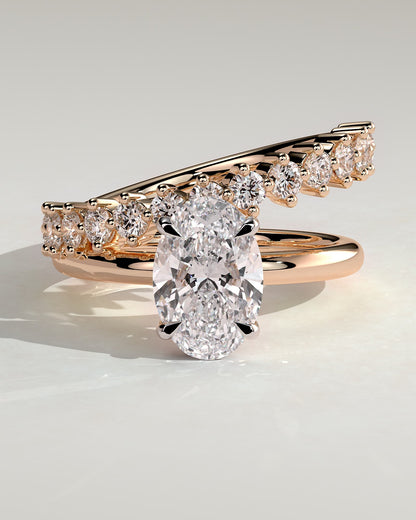 Athena - Oval Claw Solitaire with Double Plain-and-Round-Accent Stones Band Engagement Ring - Rose Two-Tone