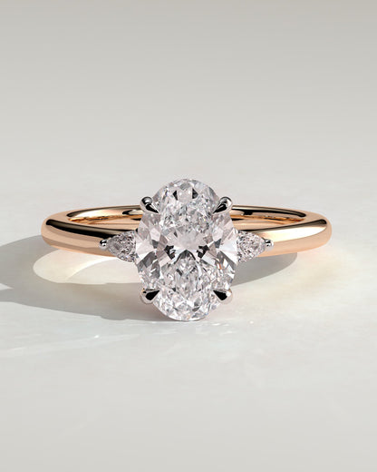 Elena - Oval Claw Trilogy with Pear Side Stones and Tulip Detail Engagement Ring - Rose Two-Tone