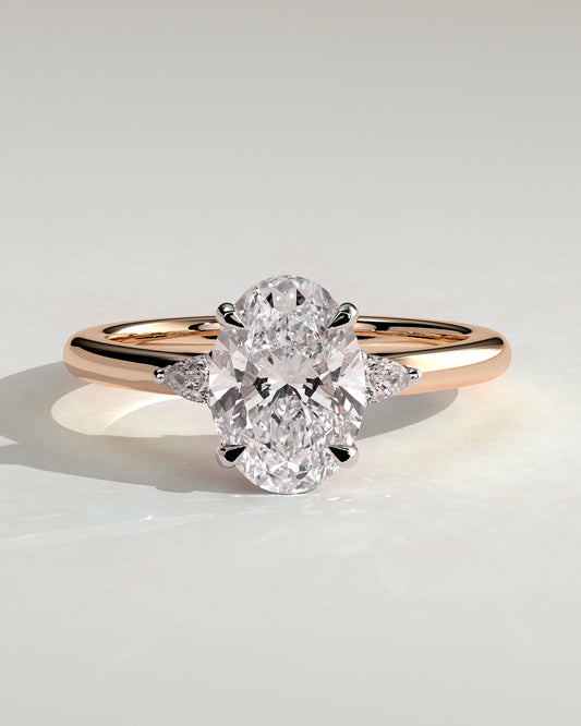 Elena - Oval Claw Trilogy with Pear Side Stones and Tulip Detail Engagement Ring - Rose Two-Tone