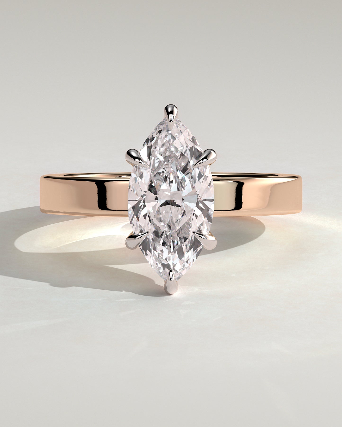 Aisha - Marquise Claw Solitaire with Flat Cigar Band and Hidden Halo Engagement Ring - Rose Two-Tone - Rose Two-Tone 2ct
