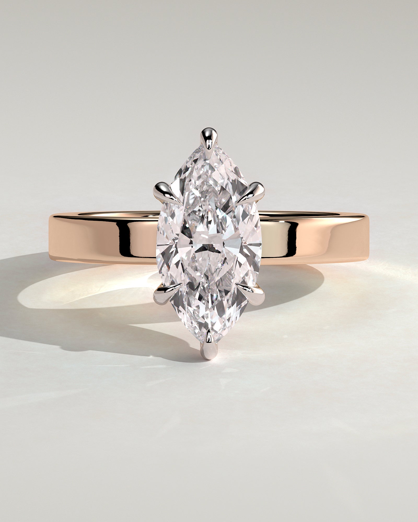 Aisha - Marquise Claw Solitaire with Flat Cigar Band and Hidden Halo Engagement Ring - Rose Two-Tone - Rose Two-Tone 2ct