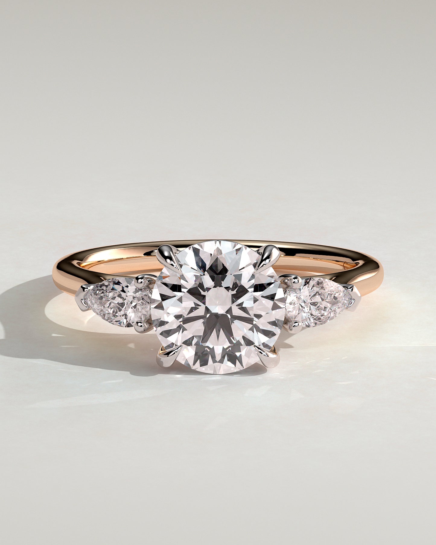 Arya - Round Claw Trilogy with Pear Side Stones and Cathedral Setting Engagement Ring - Rose Two-Tone - Rose Two-Tone 2ct